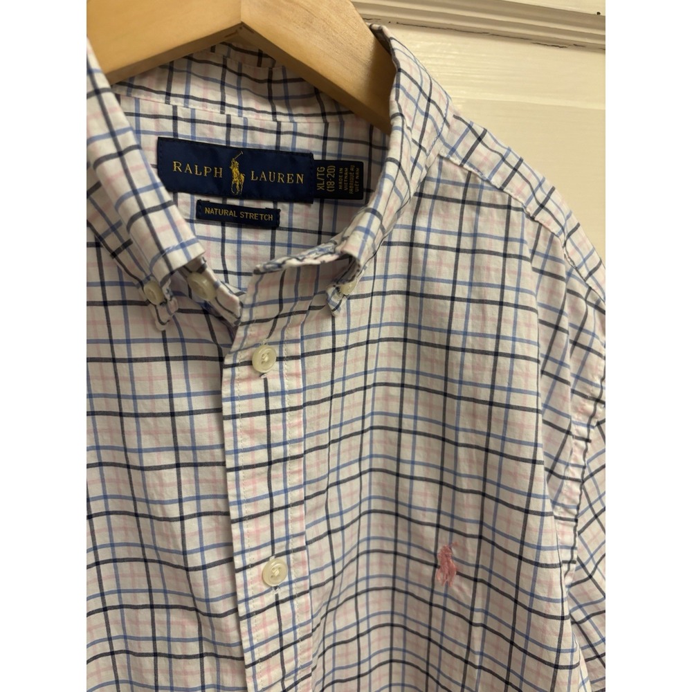 Polo Ralph Lauren Boy's Pink Blue Plaid Collared Button Down Shirt‎ XL (18-20)